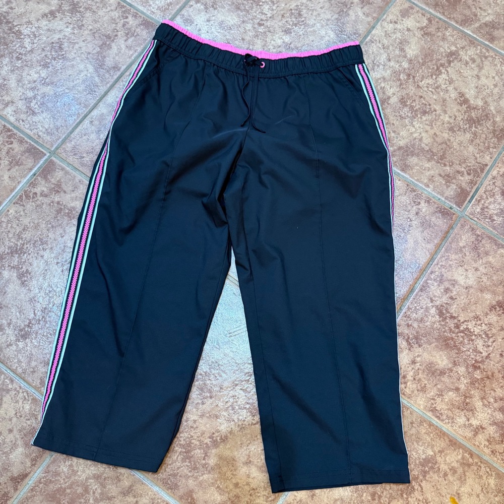 Vintage Workout Capri Track Pants Striped Athletic Y2K Womens L Black Pink
